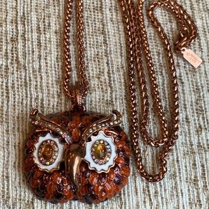 Vintage Kenneth Jay Lane Opalescent Rhinestone & Bronze OWL Pendant Necklace